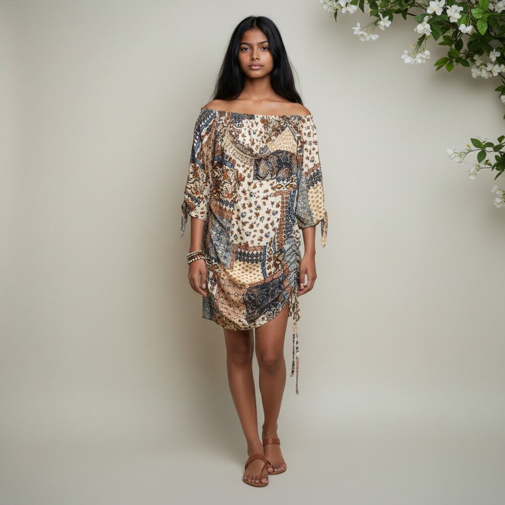 Off-Shoulder Boho Patchwork Mini Dress Ivory Rust Ruffle Blouson Sz S Festival